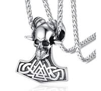FaithHeart Martillo Vikingo Collar Vikingo Hombre Acero Inoxidable 316L Mjolnir Cuerno de Cabra Cabeza Esqueleto Cráneo Talismán Joyería Vintage Regalo Jovenes