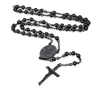 FaithHeart Medalla San Cristóbal Collar Rosario Hombres Mujeres Cadena Negra Acero Inoxidable 316L Colgante Crucifijo Jesús Católico Collares Largos para Rezo