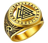 FaithHeart Nudo Triángulo de Muerte Valknut Anillo Dorado de Símbolo Vikingo Escandinavo Anillo Sello Redondo Acero Inoxidable 316L Talla 8 Joyería de Dedos Anillo Ancho Hip Hop de Oro 18K