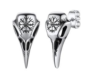 FaithHeart Pendientes Vikingos Cuervo Compás Vegvisir Brújula Pendientes Hombres Acero Inoxidable 316L Calavera Cabeza Pájaro Regalo Padres Hijos Reyes Joyería Steampunk