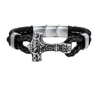 FaithHeart Pulsera Cuero Hombre Vikinga Martillo Vikingo Pulseras Gótica Amuleto Nórdica Negro 21cm Joyas Hombre Chico Hijo Padre Esposo Cierre Magnético Acero Inoxidable Plateado