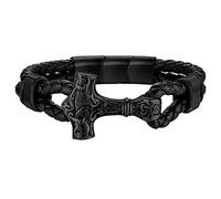 FaithHeart Pulsera Hombre Cuero Vikinga Mjolnir Odin Negro 21cm Gótica Punk Amigo Regalo Cumpleaños Papa Futuro Día Padre