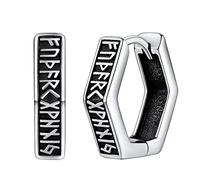 FaithHeart Runas Pendientes Vikingos Negros Hexagonales Hombres Plata de Ley 925 Aretes Nórdicos Alfabeto Letras Runicas Joyería Religiosa Edad Media Guerrero