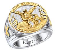 FaithHeart Sello Miguel Arcangeles Anillos Dorados Personalizados para Padres Amuleto para Militares Anillo Talla 9 Acero Inoxidable 316L Joyería Hip Hop Religiosa