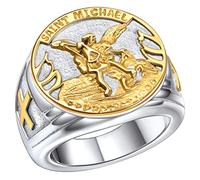 FaithHeart Talismán Amuleto Anillos Hombres San Miguel Arcángel Anillo Circular Medida 12 Acero Inoxidable 316L Banda Ancha Anillo Rapero Hip Hop
