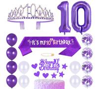 Faja de 10º cumpleaños con corona de princesa, corona de reina, diadema de diamantes de imitación, decoración para tartas, globos de helio, globos de látex morado, decoración de 10 cumpleaños para