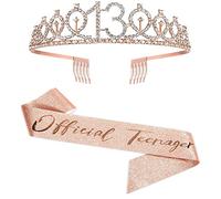 Faja y Corona de 13 Cumpleaños, Tiara de Cumpleaños con Diamantes de Imitación y Banda 0ficial para Adolescentes para Niñas 13 Cumpleaños Fiesta Regalo Decoraciones Suministros Oro Rosa