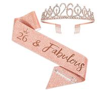 Faja y tiara de 26 cumpleaños para mujer, corona de cumpleaños de oro rosa 26 y fabulosa faja y tiara para mujer, regalos de 26 cumpleaños para suministros de fiesta de cumpleaños feliz 26