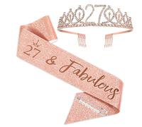 Faja y tiara de 27 cumpleaños para mujer, corona de cumpleaños de oro rosa 27 y fabulosa faja y tiara para mujer, regalos de 27 cumpleaños para suministros de fiesta de cumpleaños feliz 27
