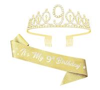Faja y tiara de 9 cumpleaños para niñas, 9 y fabuloso juego de corona de cumpleaños, regalo de feliz 9 cumpleaños para suministros y decoraciones de fiesta de niñas, dorado