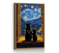 FajerminArt Van Gogh Noche Estrellada Con Gatos Modernos Cuadros Decoracion Con Marco Animales Graciosos Cuadro y Láminas Vintage Gato Lienzos Decor Hogar Para Estudio Salon Dormitorio Oficina 40X60cm