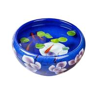 FAJNUZI2024 Acuario pecera de cerámica con patrón de magnolia azul oscuro para escritorio, decoración de buena suerte, tanque de alimentación de tortugas, maceta redonda de cerámica (32 x 32 x 14 cm)