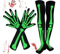FaJoek Halloween Esqueleto Guantes y Medias Sangrientos - Conjunto de Calcetines de Miedo por Encima de la Rodilla, Garras Cráneo, Espíritus Huesos