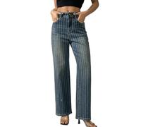 Fakanhui - Pantalones de mujer con lentejuelas brillantes, de strass, con cuentas, vaqueros rectos, de pierna ancha, con lentejuelas, para fiesta, club, ropa de calle, retro azul, Small