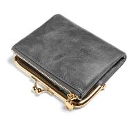 FALAN MULE Cartera RFID para Mujer con Cierre de Beso, Monedero Plegable Compacto de Piel Auténtica con Bolsillo con Cremallera, Vintage, Tarjetero Pequeño Embrague Pequeño