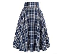 Falda a cuadros de cintura alta para mujer con estilo de vuelo grande, adecuada para uso diario, vacaciones y clubes (S azul)