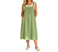 Falda ajustable con tirantes para mujer, vestido de peto, falda con peto, cuello cuadrado, tirantes, bolsillos, lino, vestido de mono, línea A, vestido casual de algodón, O Verde Claro, XL
