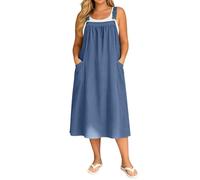 Falda ajustable con tirantes para mujer, vestido de peto, falda con peto, cuello cuadrado, tirantes, bolsillos, lino, vestido de mono, línea A, vestido casual de algodón, O azul., L