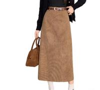 Falda casual de pana con abertura de cintura alta para mujer, diseño de tubo recto largo medio para estilo diario (M caqui)