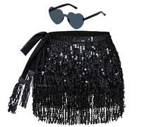 Falda con brillo para mujer con flecos, falda con brillo con gafas hippie, mini falda latina, falda corta para danza del vientre, disfraz de rave para mujeres y niñas, Negro , Talla única