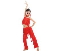 Falda Con Flecos De Baile Latino For Niñas, Top Corto + Pantalones, 2 Piezas, Ropa De Baile De Competición, Vestido De Baile De Salsa Tango Con Borlas, Disfraz De Actuación En Escenario(Red,110cm)