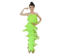 Falda Con Flecos De Baile Latino For Niñas, Top Corto + Pantalones, 2 Piezas, Ropa De Baile De Competición, Vestido De Baile De Salsa Tango Con Borlas, Disfraz De Actuación En Escenario(Green,150cm)