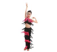 Falda Con Flecos De Baile Latino For Niñas, Top Corto + Pantalones, 2 Piezas, Ropa De Baile De Competición, Vestido De Baile De Salsa Tango Con Borlas, Disfraz De Actuación En Escenario(C,160cm)