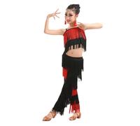 Falda Con Flecos De Baile Latino For Niñas, Top Corto + Pantalones, 2 Piezas, Ropa De Baile De Competición, Vestido De Baile De Salsa Tango Con Borlas, Disfraz De Actuación En Escenario(A,140cm)