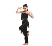Falda Con Flecos De Baile Latino For Niñas, Top Corto + Pantalones, 2 Piezas, Ropa De Baile De Competición, Vestido De Baile De Salsa Tango Con Borlas, Disfraz De Actuación En Escenario(Black,160cm)