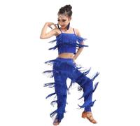 Falda Con Flecos De Baile Latino For Niñas, Top Corto + Pantalones, 2 Piezas, Ropa De Baile De Competición, Vestido De Baile De Salsa Tango Con Borlas, Disfraz De Actuación En Escenario (Color : Blue