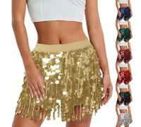 Falda con purpurina para mujer, carnaval, corta, lentejuelas, borlas, danza del vientre, minifalda irregular, multicapa, cintura baja, flecos, falda de baile, disfraz de Nochevieja, azul, Talla única
