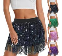 Falda con purpurina para mujer, carnaval, corta, lentejuelas, borlas, falda de danza del vientre, minifalda irregular de varias capas, cintura baja, falda de baile, falda de baile, fiesta, discoteca