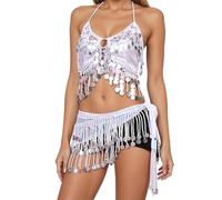 Falda corta de carnaval de dos piezas con falda de flecos, bufanda de cintura con lentejuelas y parte superior triangular para espectáculos de fiesta, plata, A