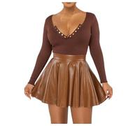 Falda corta de carnaval para mujer de color liso de PU, minifalda de línea A, falda elegante para fiesta de club 2026, marrón, M