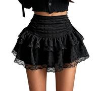 Falda Corta Encaje Volantes Escalonados, Estilizada Talle Alto para Uso Informal, Look Romántico Y Joven.