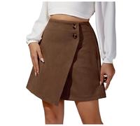 Falda corta para mujer lisa de ante para otoño e invierno, estilo europeo de talle alto con hebilla metálica y corte cartera, falda de ante, cartera para mujer, marrón, M