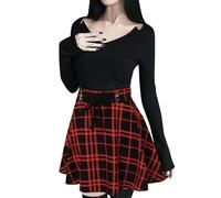 Falda corta para mujer, moderna, retro, punk, falda para mujer con estampado de cuadros con detalles de tirantes, cierre de cremallera, midi corto, verano, rojo, 3XL