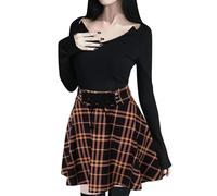 Falda corta para mujer, moderna, retro, punk, falda para mujer con estampado de cuadros con detalles de tirantes, cierre de cremallera, midi corto, verano, marrón, 4XL