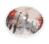 Falda de árbol de Navidad de Londres de 90 cm, cubierta de base para árbol de Navidad vintage romántica con borlas, decoración de fiesta en casa, oficina, vacaciones