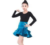 Falda de Baile Latino para Niñas con Leotardo, Cuello Redondo, Mangas Largas, Cintura Alta, Falda Falbala para Niñas, Disfraz de Rumba, Chachachá, Falda Elegante Lírica (150 cm)
