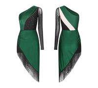 Falda de Baile Latino Vestido de Baile Latino con Lentejuelas, Estilo cha-cha-chá y Tango, Ideal for Cabaret, borlas Brillantes pedrería. salón un Solo Hombro(Green,XXL)