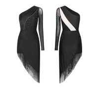 Falda de Baile Latino Vestido de Baile Latino con Lentejuelas, Estilo cha-cha-chá y Tango, Ideal for Cabaret, borlas Brillantes pedrería. salón un Solo Hombro(Black,XXL)