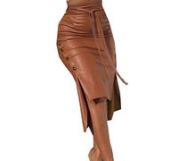 Falda De Cuero Color SóLido Mujeres Horquilla Abierta Delgado Paquete De Medio Paso Cadera Falda De Medio Cuerpo Falda De PU con BotóN De CordóN