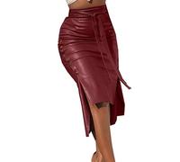 Falda De Cuero Color Sólido Para Mujeres - Horquilla Abierta, Delgado Paquete De Medio Paso, Cadera De Medio Cuerpo, PU Con Botón De Cordón