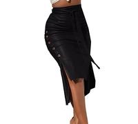 Falda De Cuero Color Sólido Para Mujeres - Horquilla Abierta, Delgado Paquete De Medio Paso, Cadera De Medio Cuerpo, PU Con Botón De Cordón