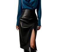 Falda de Cuero Otoño Invierno para Mujer - Sexy Midi Negro Sólido de Cintura Alta con Abertura Tipo Lápiz para Oficina (Black,M)