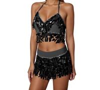 Falda de danza con flecos para danza del vientre, toalla de cintura con borla de lentejuelas, traje de dos piezas para espectáculos de escenario y ejercicios, Negro , talla única