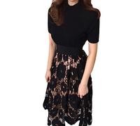 Falda de encaje elástico de cintura alta para mujer, falda corta acampanada, Negro , L