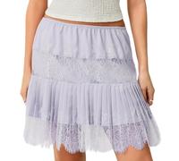 Falda de encaje para mujer, de satén, de talle bajo, plisada, con volantes, de malla, elástica, corta, Morado (, XL