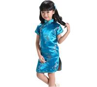 Falda de invierno 140 niñas vestido chino Qipao bebé niña Año Nuevo ropa floral manga corta Cheongsam niños cumpleaños fiesta trajes 92 niñas, azul celeste, 8-10 años